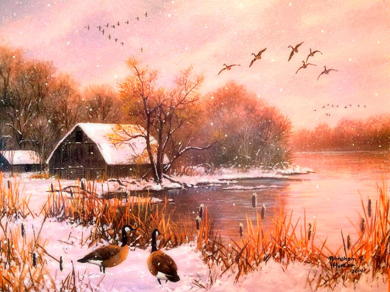 Geese in Winter Landscape — Pink