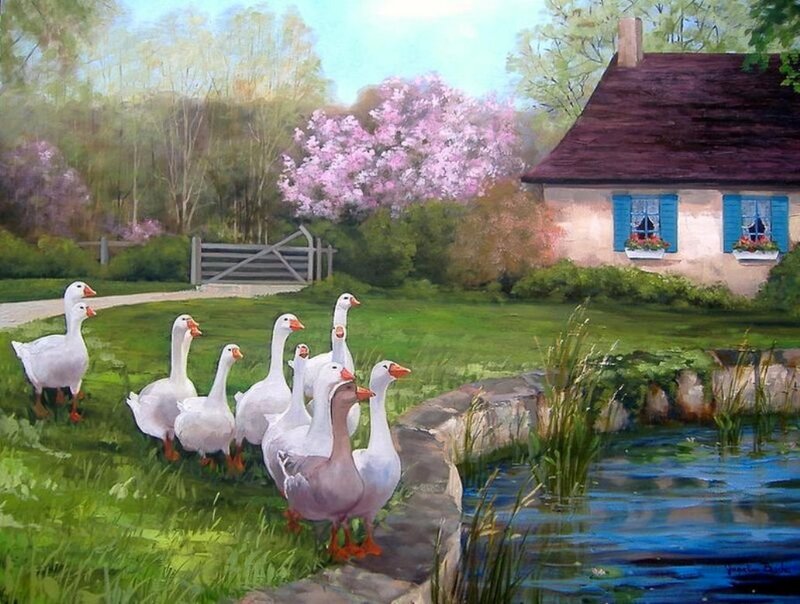 Geese Near Pond — Green, Serene, Spring