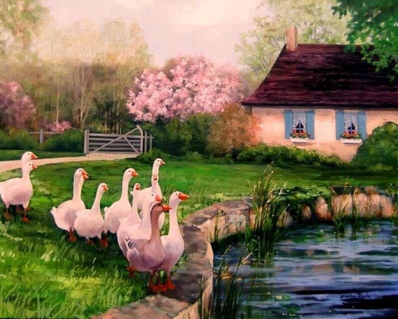 Geese Near Pond — Green