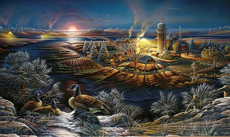 Geese on a Riverbank — Blue