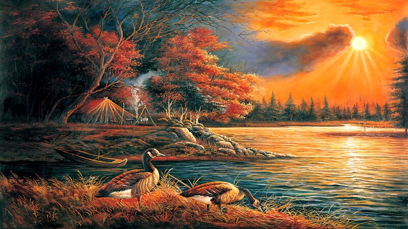 Geese on Riverbank — Orange