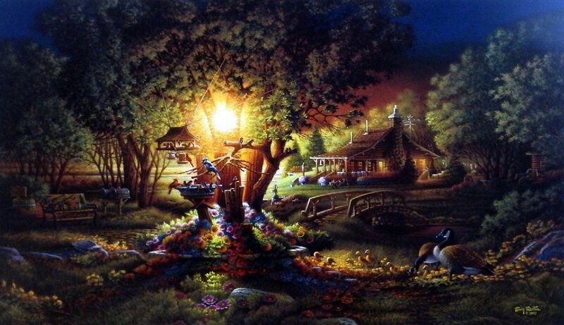 Geese with Goslings — Green, Serene, Night