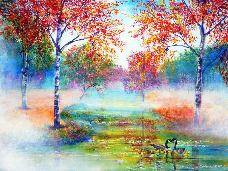 Geese with Goslings — Red