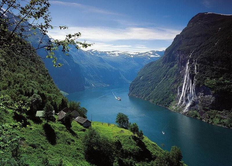 Geiranger Fjord with waterfalls