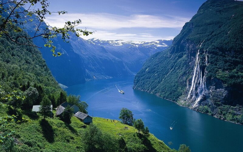 Geirangerfjord Waterfall — Blue, Serene, Afternoon, Photograph, Mountains