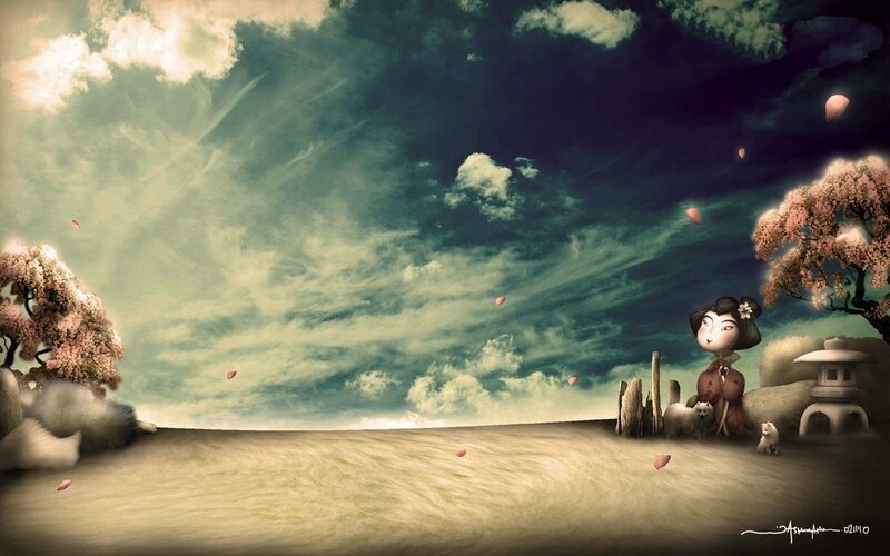geisha in a dreamy landscape
