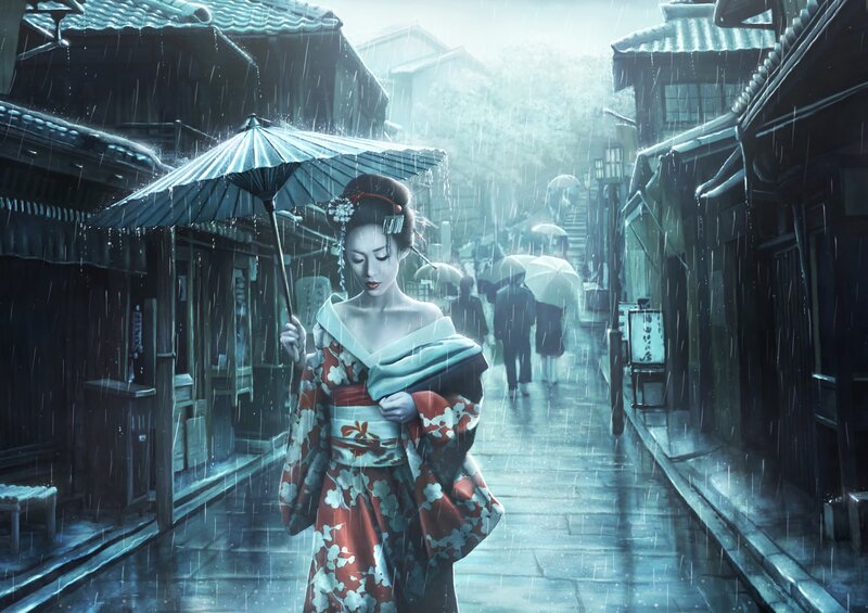 Geisha in Rain