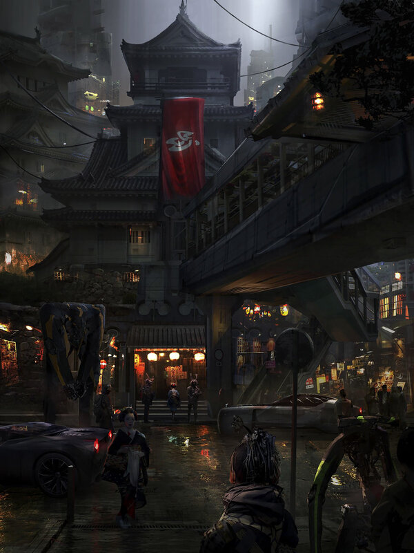 Geisha in Rainy Street