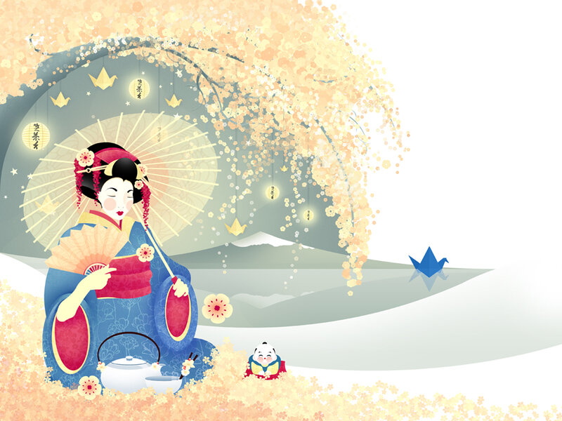 Geisha under cherry blossoms