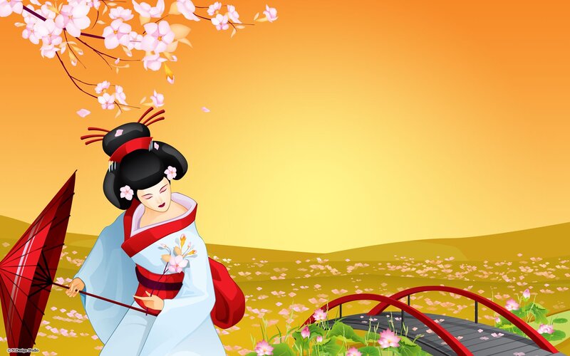 Geisha under cherry blossoms