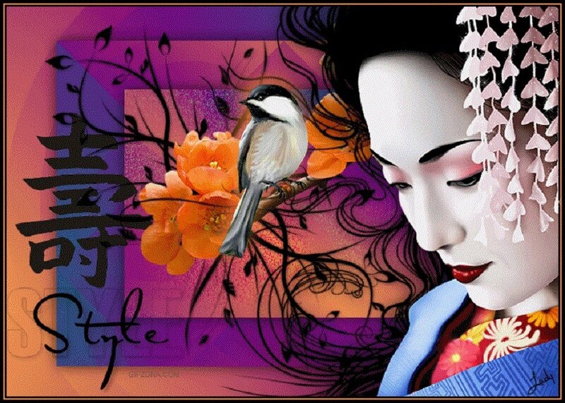 Geisha with bird and flowers