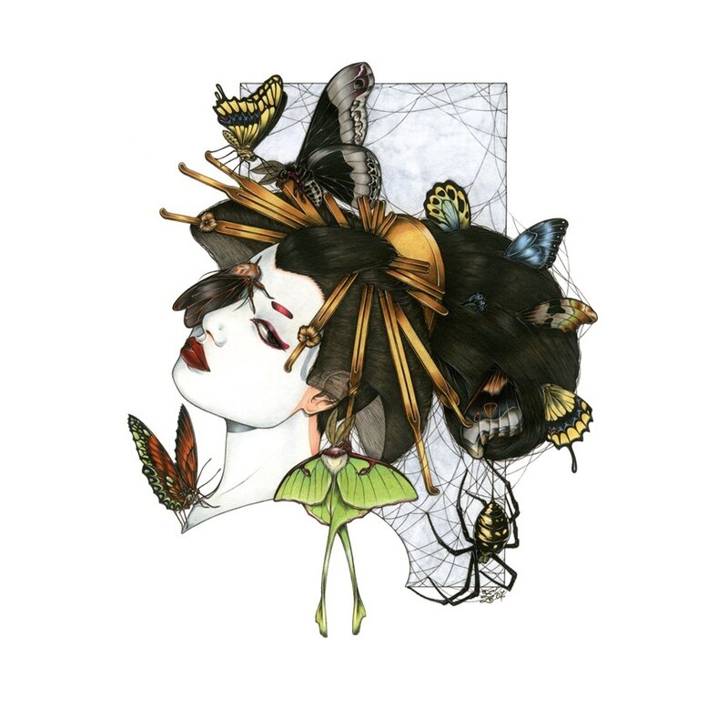 Geisha with Butterflies — White