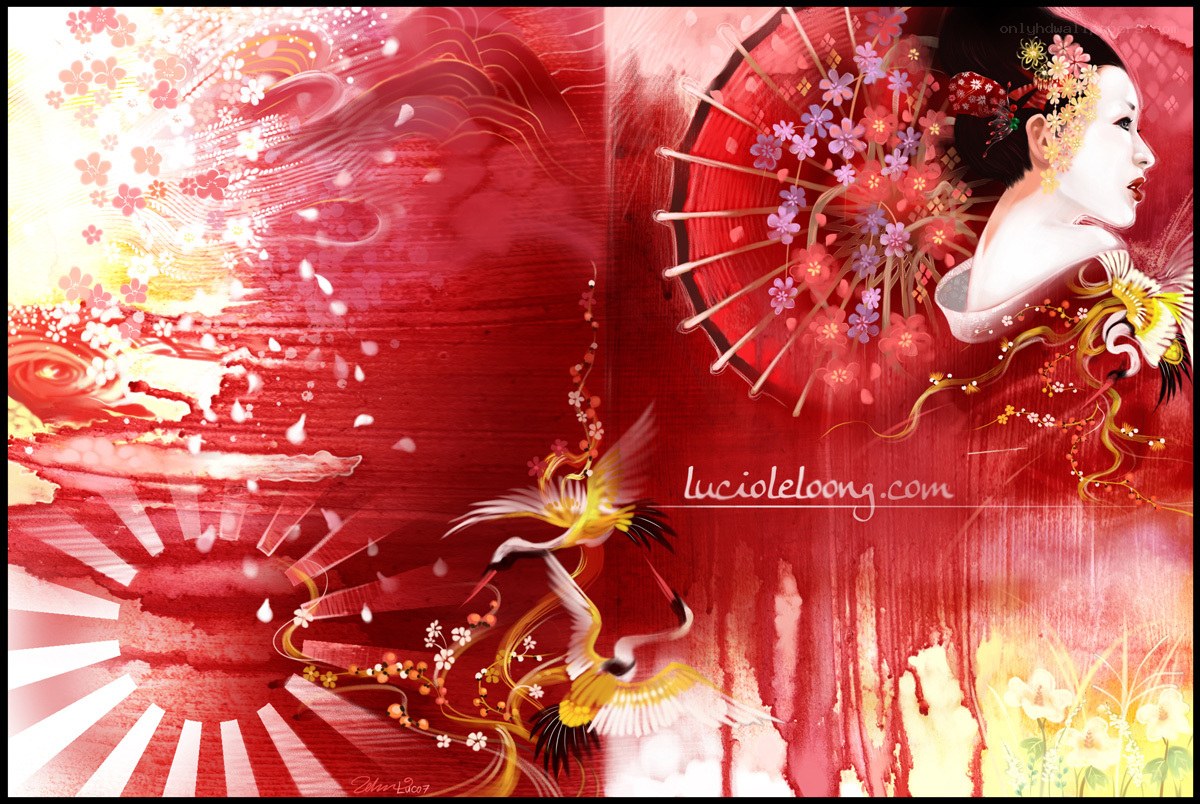 Geisha with cranes and cherry blossoms