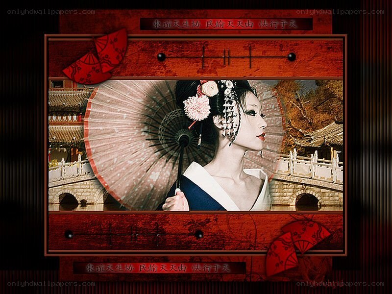 Geisha with fan and bridge