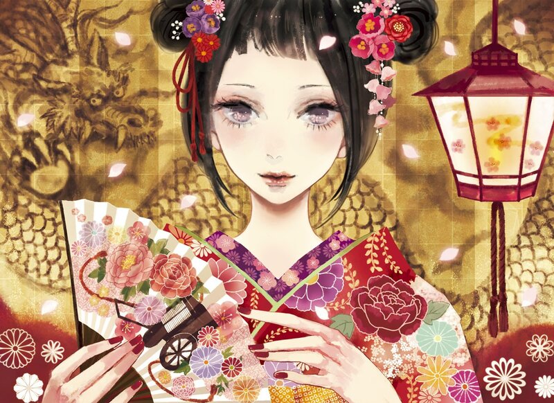 geisha with fan and lantern