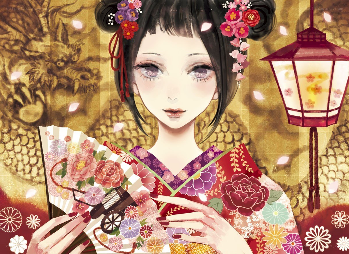 geisha with fan and lantern