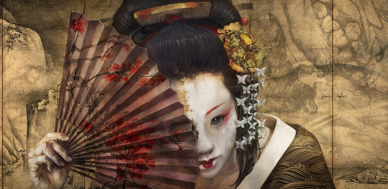 Geisha with Fan — White