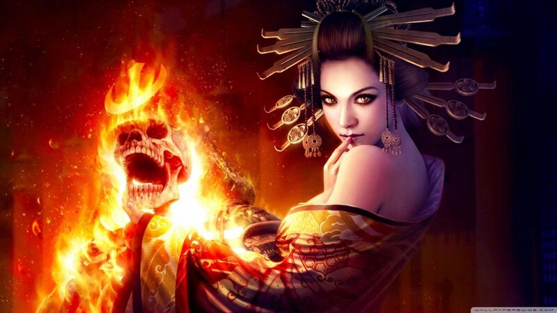 geisha with flaming skull