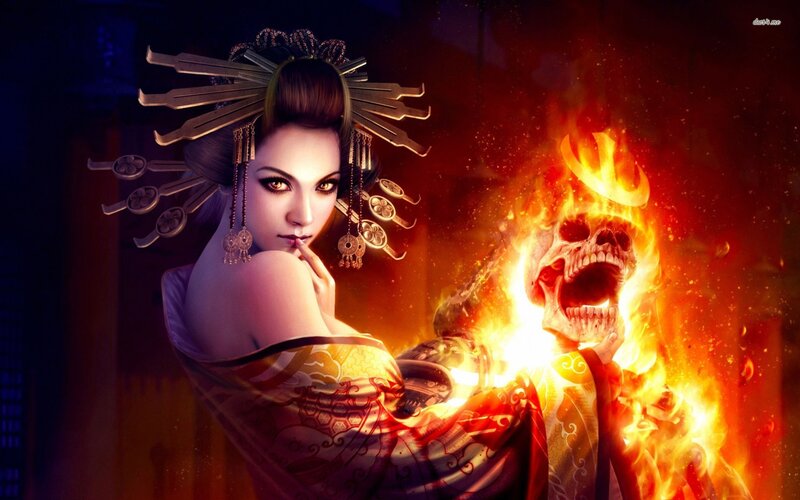 Geisha with Flaming Skull — Red, Dramatic, Intense