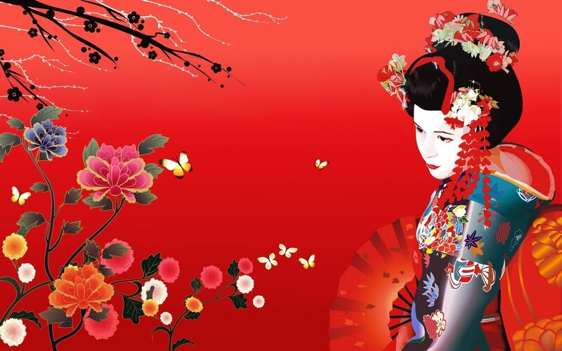 Geisha with Flowers — Red