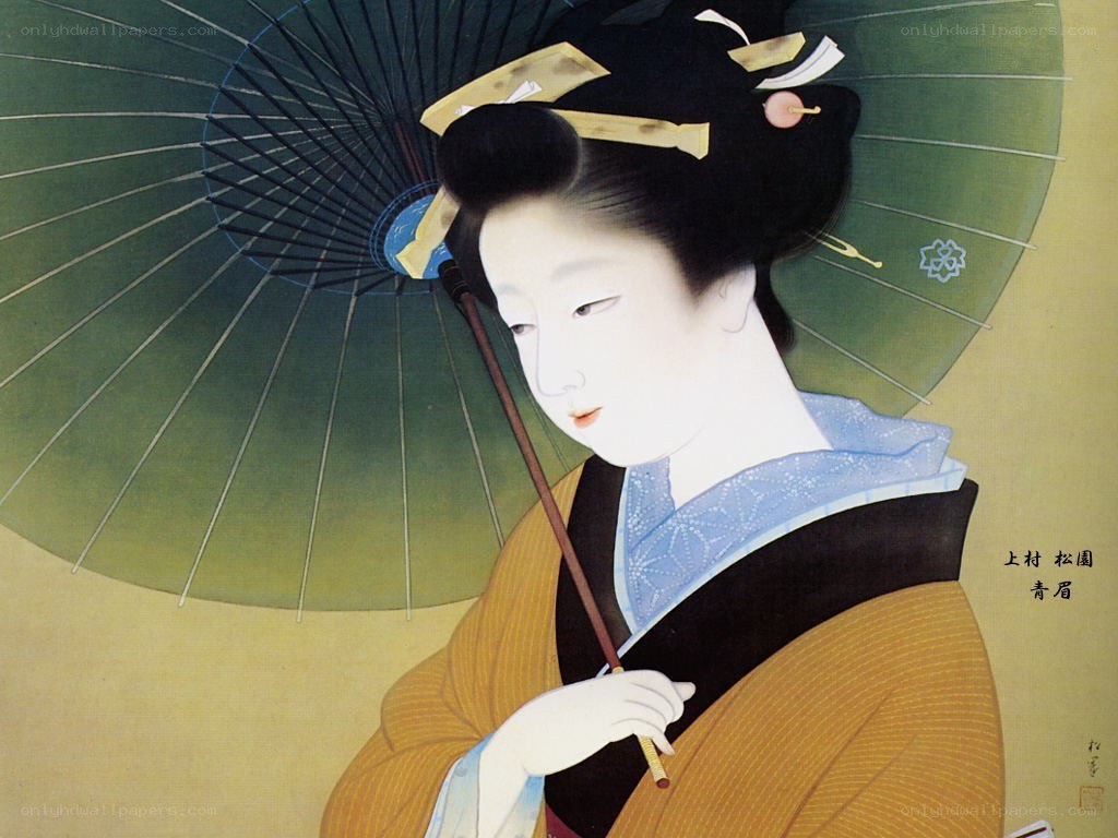 Geisha with Green Umbrella