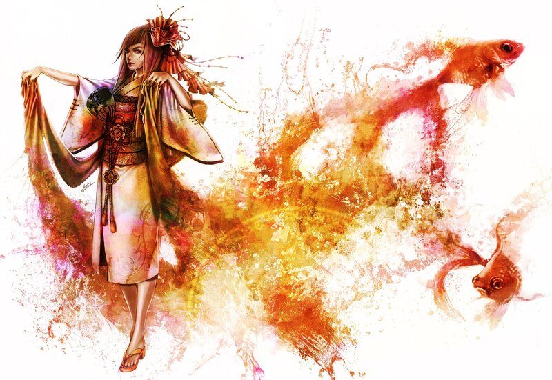 geisha with koi fish art