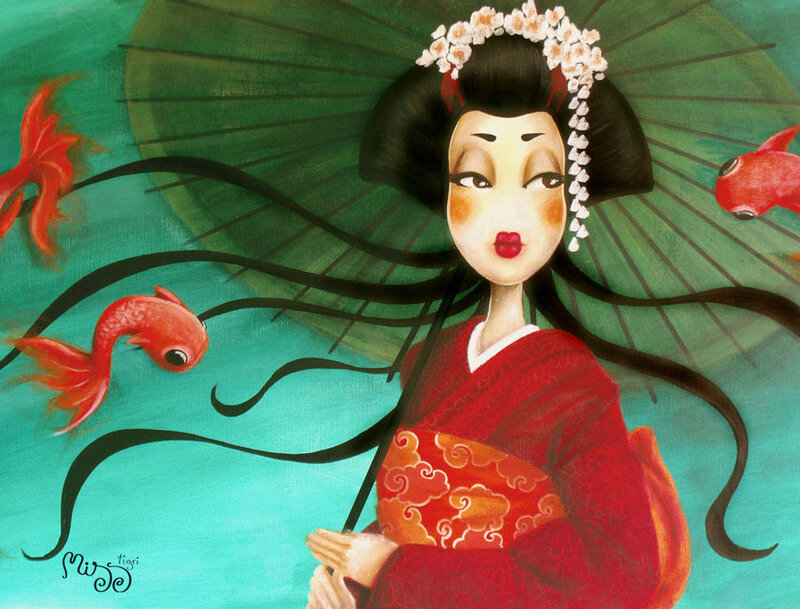 Geisha with koi fish