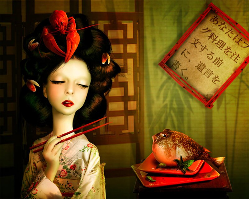 Geisha with Lobster Hairpin — Red