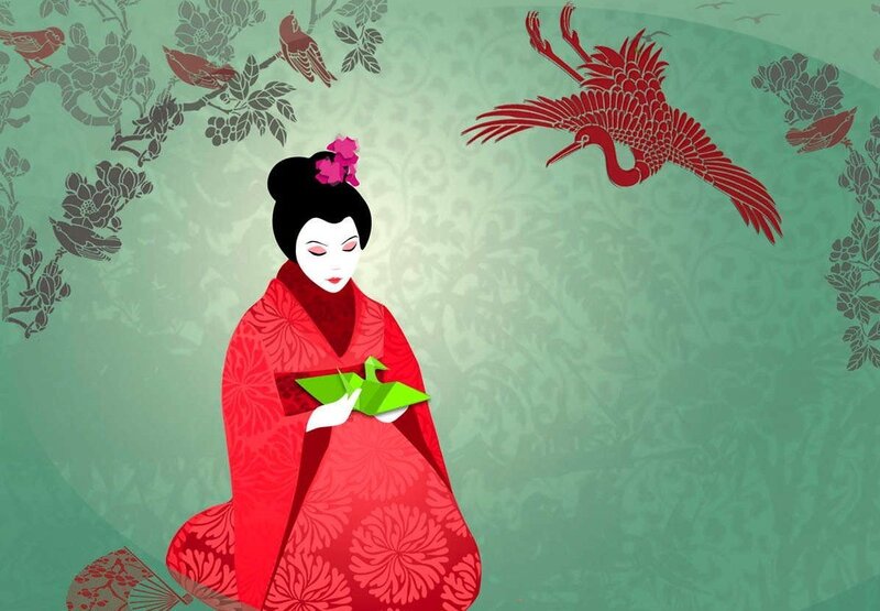 Geisha with origami crane