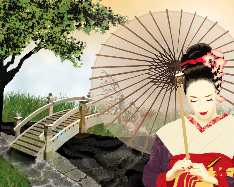Geisha with Parasol — White