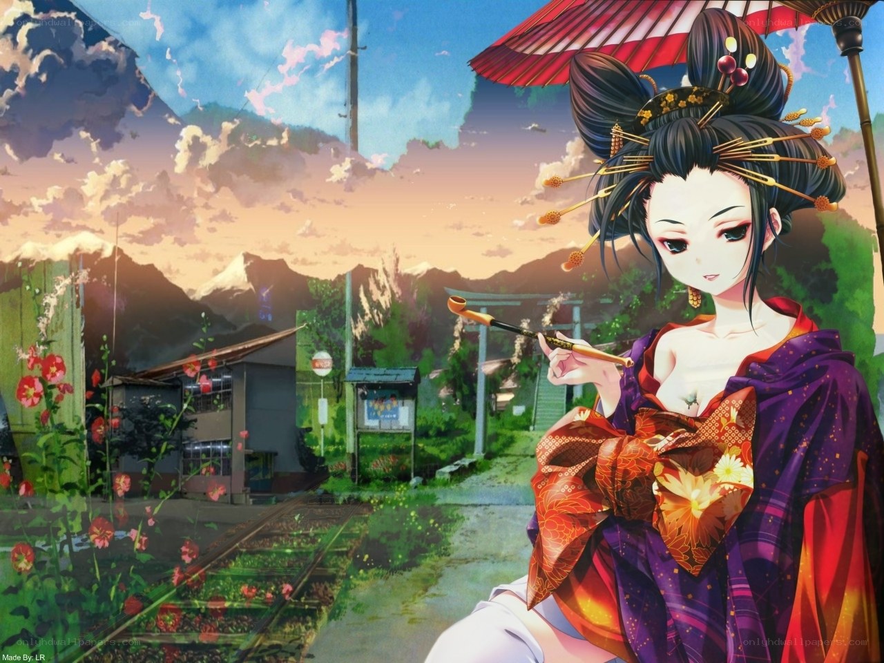 Geisha with pipe at train station