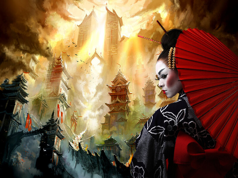 Geisha with Red Fan — Dramatic