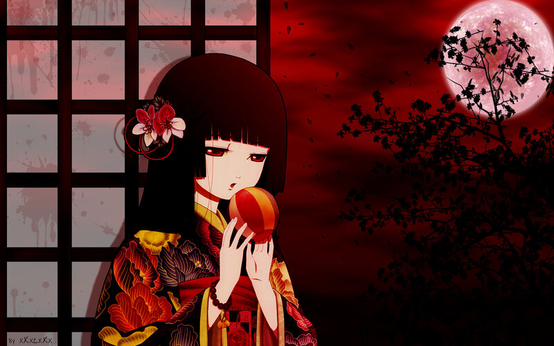 geisha with red moon