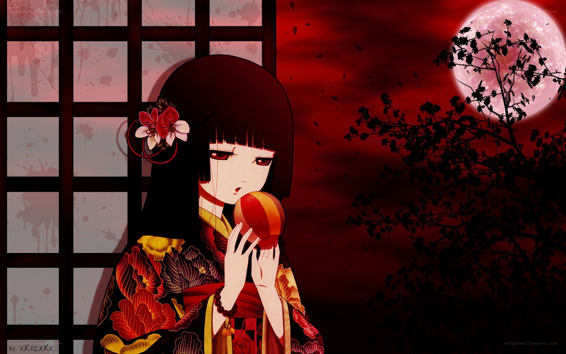 geisha with red moon