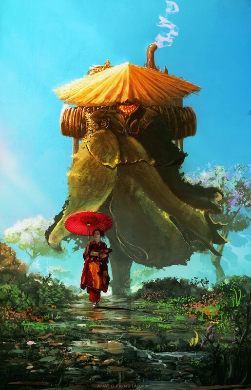 Geisha with Red Umbrella — Blue
