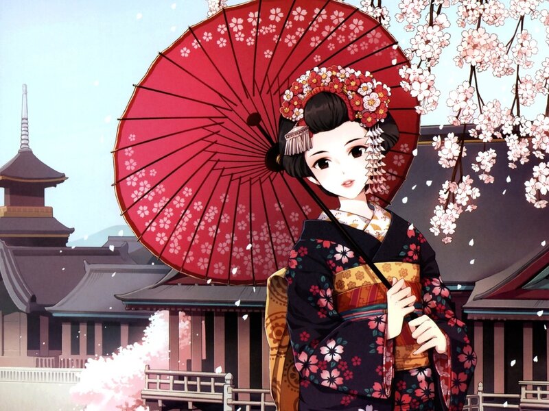 Geisha with Red Umbrella — Serene, Spring