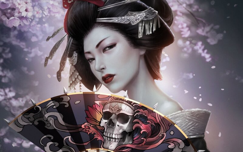 Geisha with Skull Fan — Purple