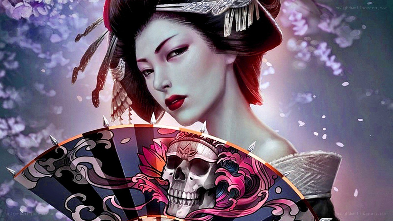 Geisha with skull fan