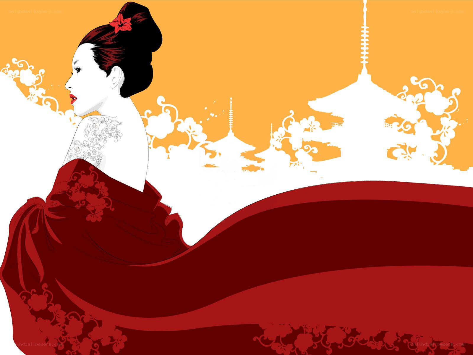 Geisha with temple backdrop