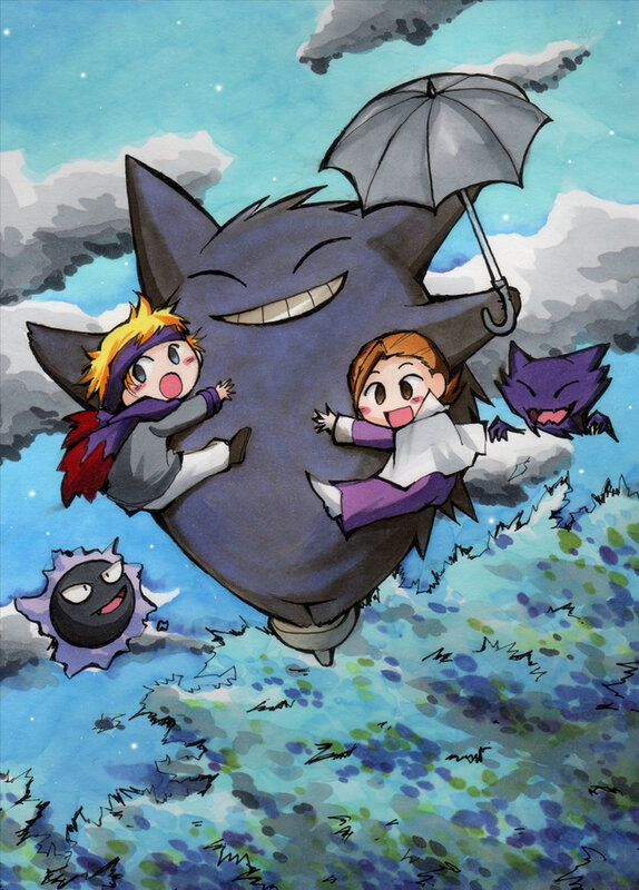 Gengar flying with children