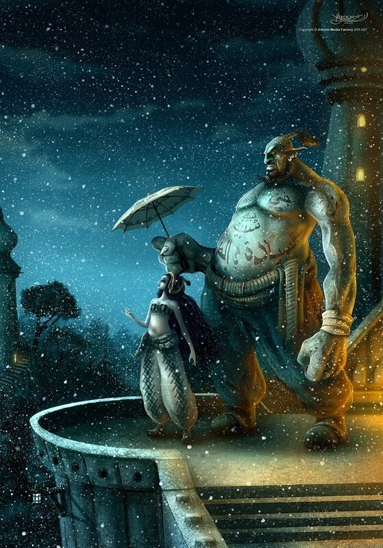 Genie and woman in snow