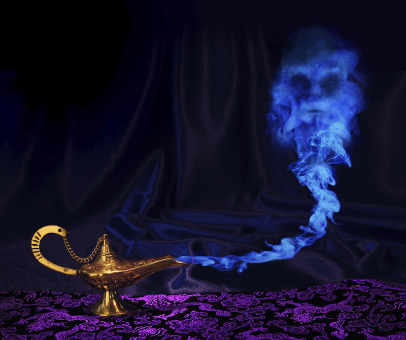 Genie emerging from a lamp