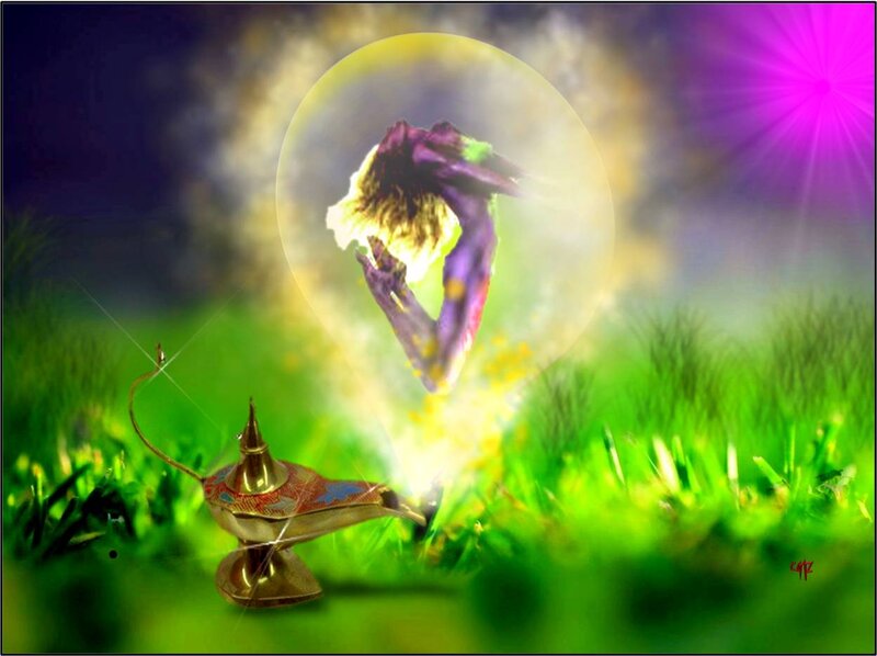 Genie Emerging from Lamp — Green