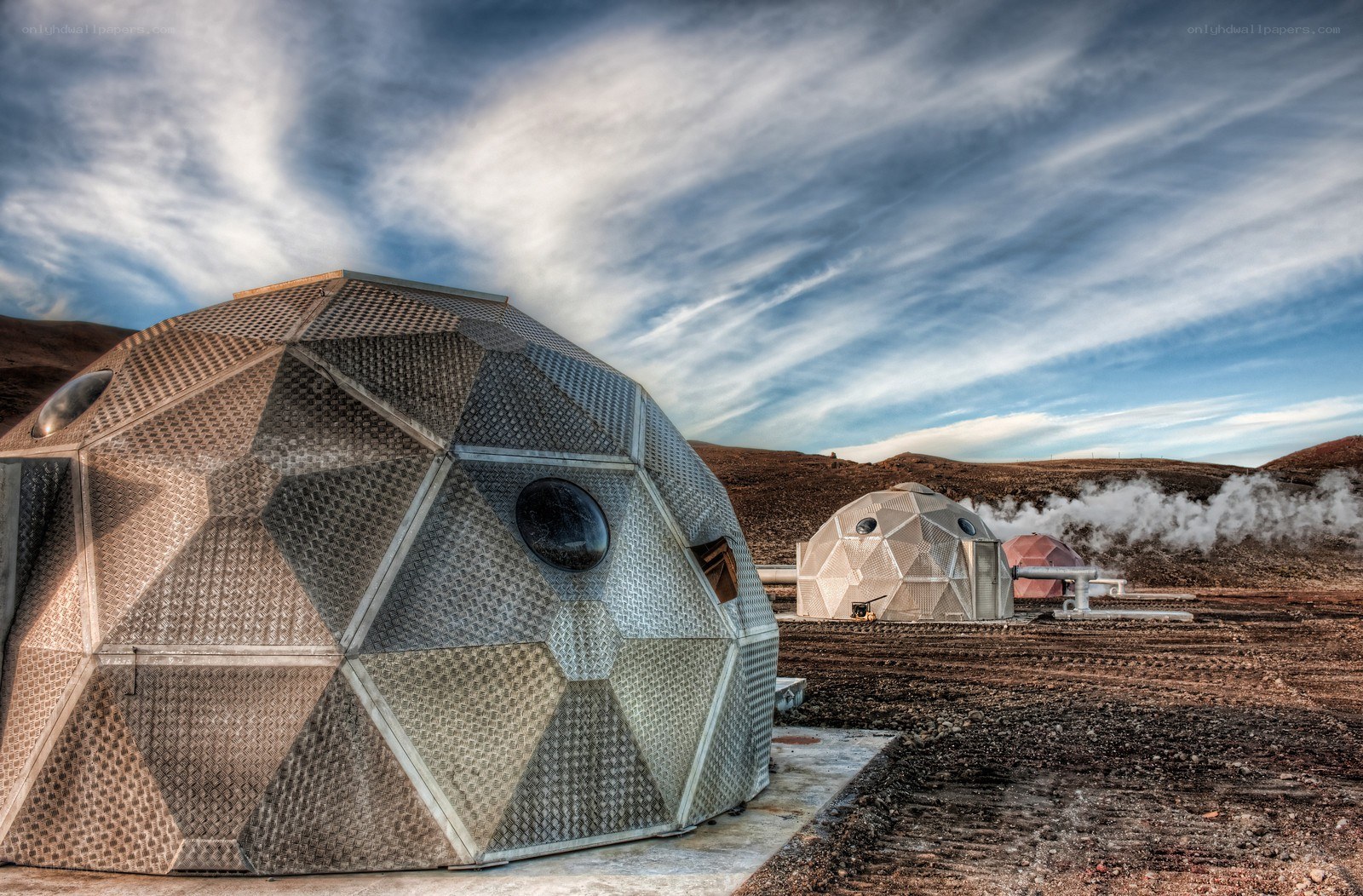 Geodesic domes in a geothermal field