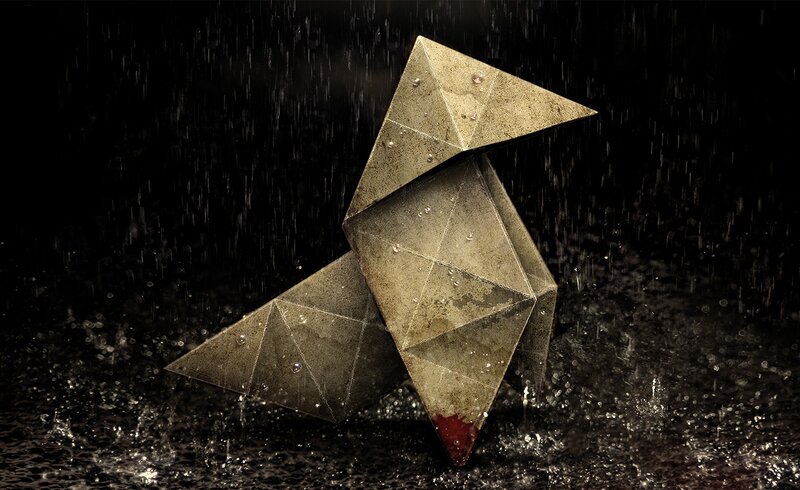 Geometric Bird in Rain — Black, Dramatic, Somber, Night