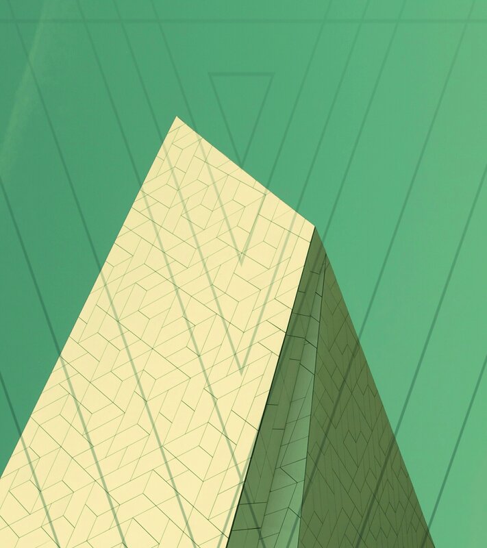 Geometric Building Facade — Green, Minimalist