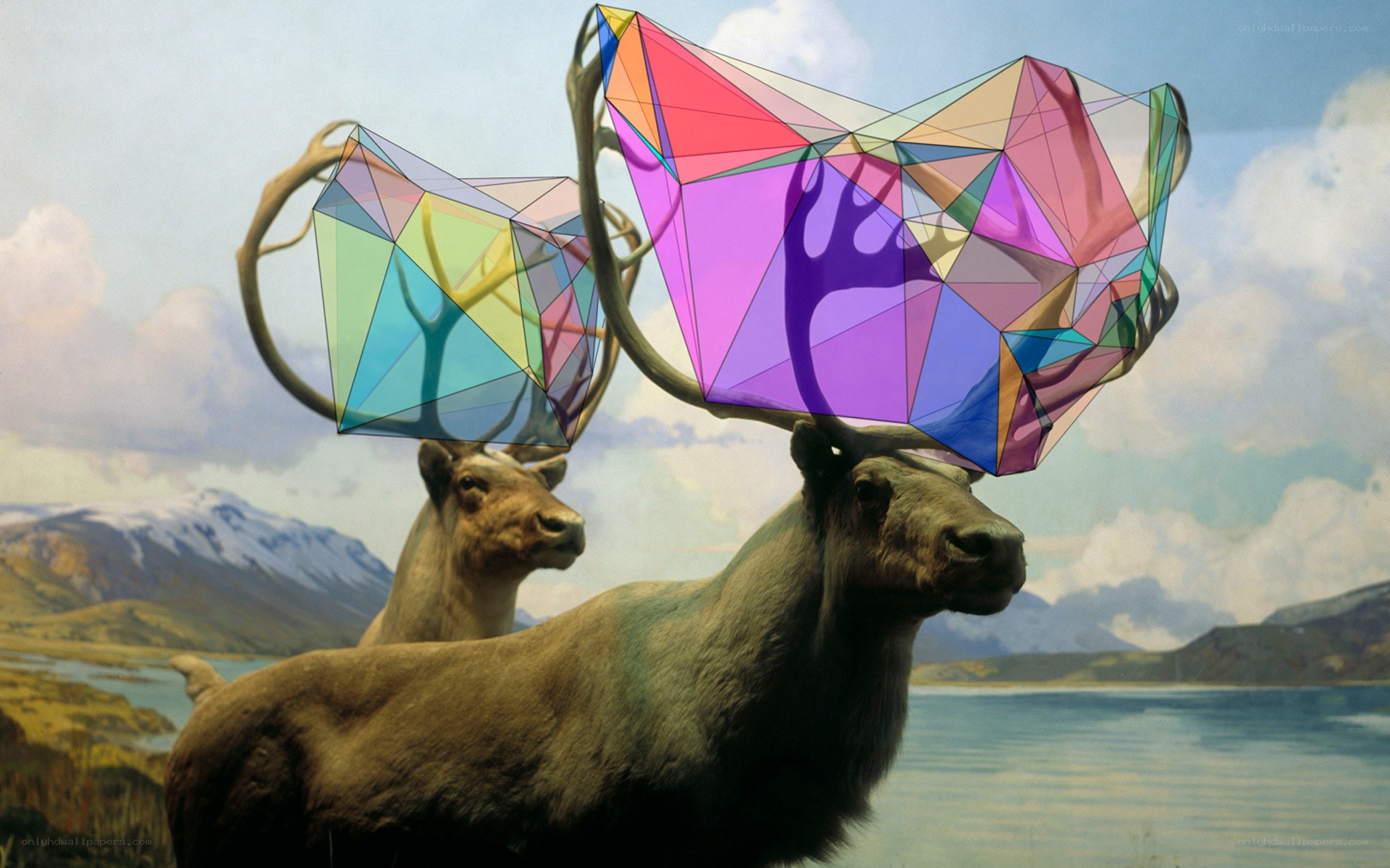 Geometric deer in landscape