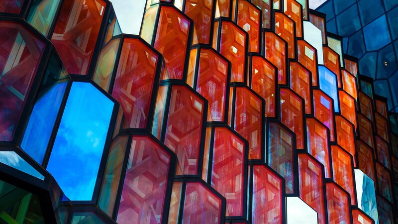 Geometric Glass Facade — Red