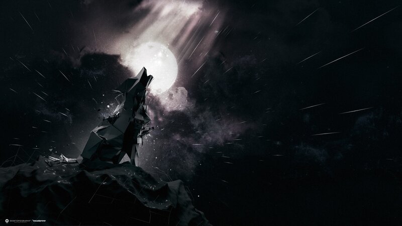 Geometric Wolf Howling — Black, Dramatic, Night, Digital Art