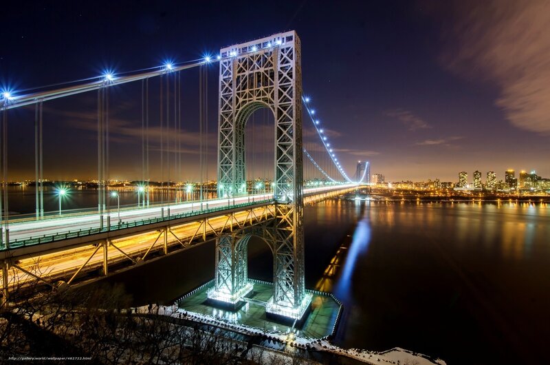 George Washington Bridge — Blue, Dramatic, Night, Photograph, City Skyline, River
